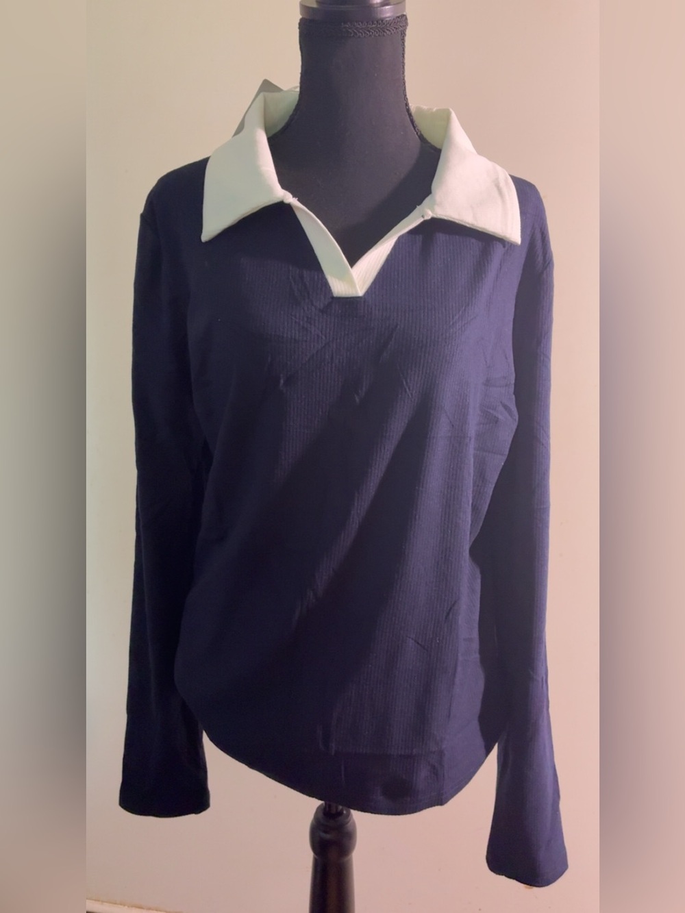 Navy Long-Sleeve Polo with White Contrast Collar
